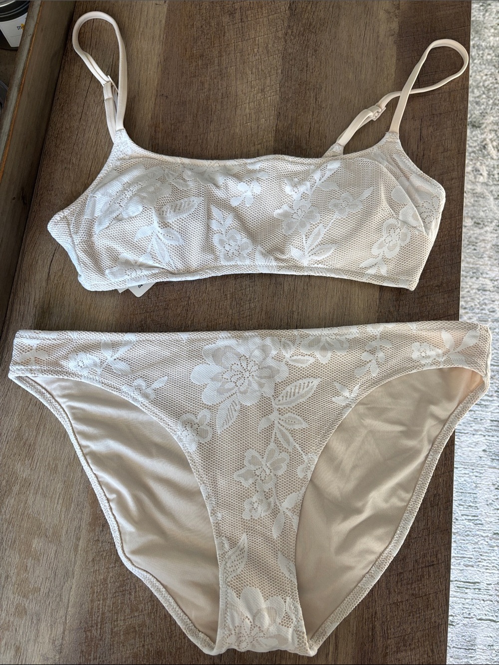 Sheer Floral Lace Bralette & Bikini Set - White